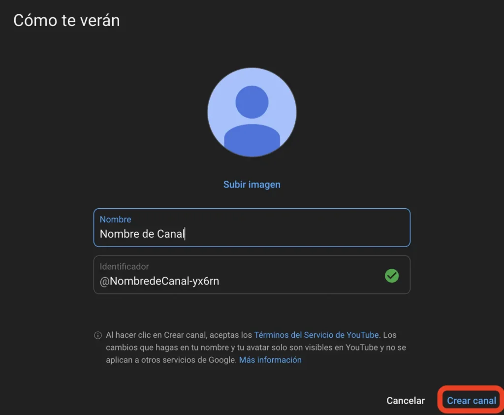 Asignar nombre al canal de Youtube