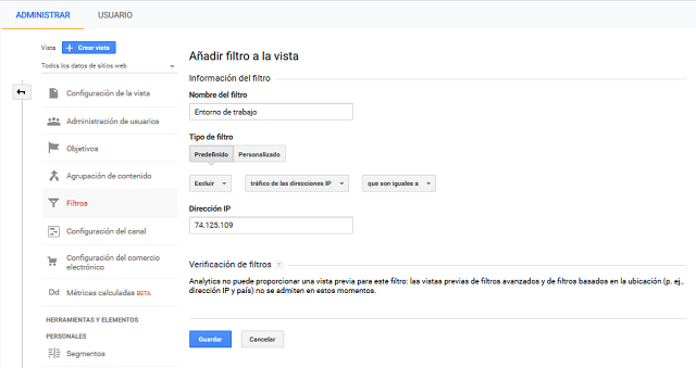 exclusión la dirección IP en Google Analytics