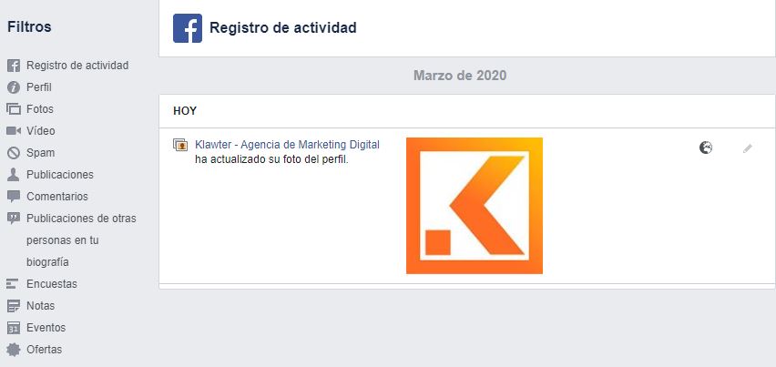 Registro de actividad de una cuenta de Facebook