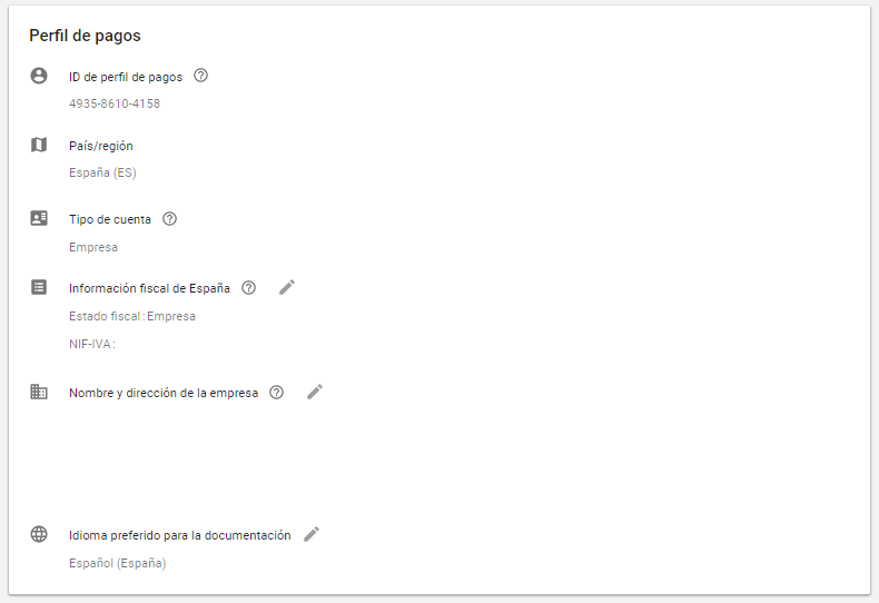 Perfil de pagos de Google ADS