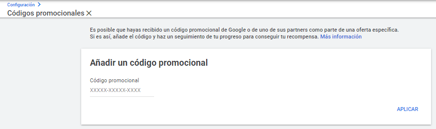 Añadir código promocional en Google ADS