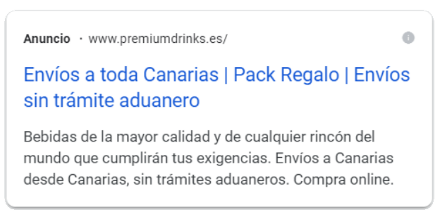 Ejemplo de anunció de Google ads de Premium Drinks